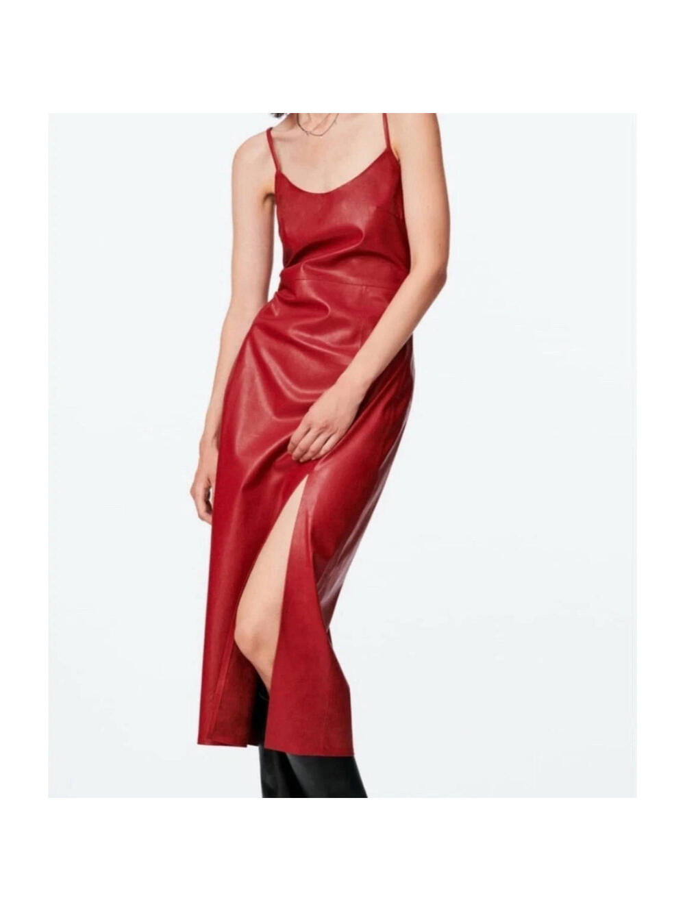 Zara Dress Faux Leather Red Open Cross Back Spaghetti Straps Medium